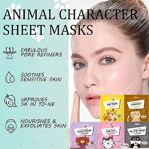 Тканевая Маска для Лица Набор Масок для Лица для Девочек-Подростков С Животными Тигр и Кот Увлажнение Успокоение Осветление Набор из 5 штук synthetic.ua - Фото 1