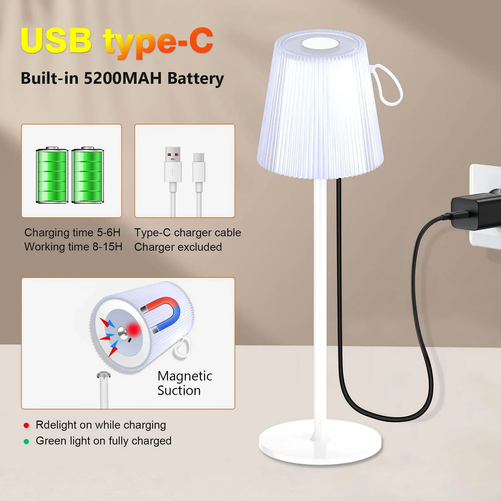 Настольная лампа LED Аккумуляторная Беспроводная 3000 K + RGB IP54 Белая, фото №4