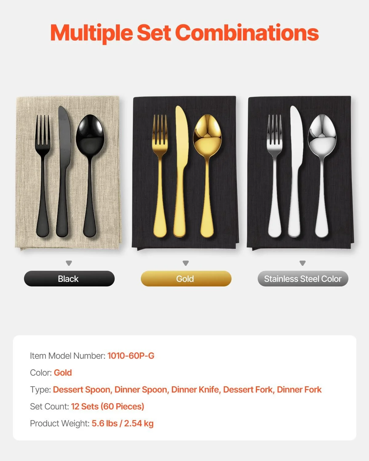 Набір столових приборів VEVOR на 12 персон, 60 предметів, з харчової нержавіючої сталі, фото №7