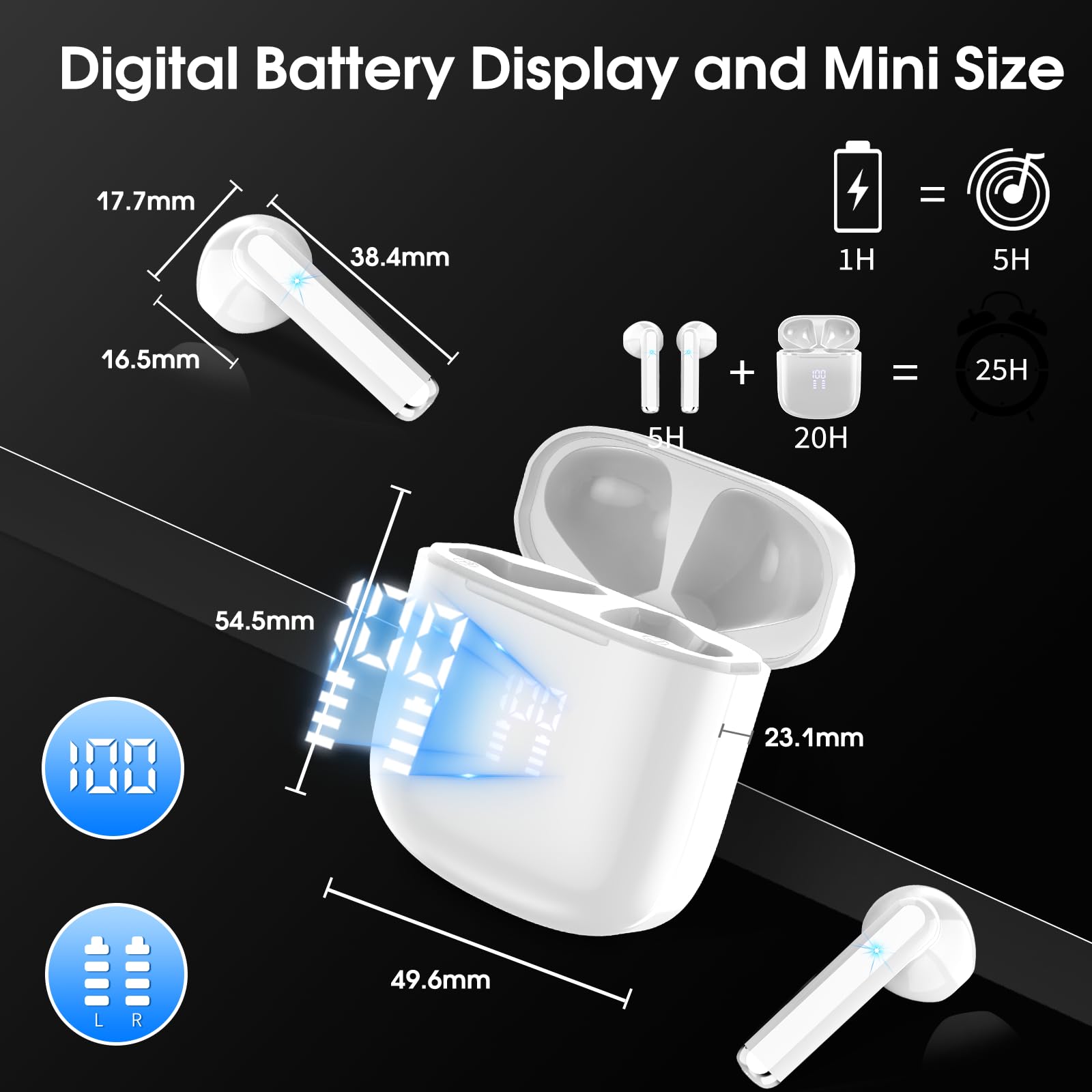 Наушники OYIB 2024 In-Ear Bluetooth 5.3 ENC Mic 25 Hours Deep Bass Touch Control IP7 LED Display, фото №6