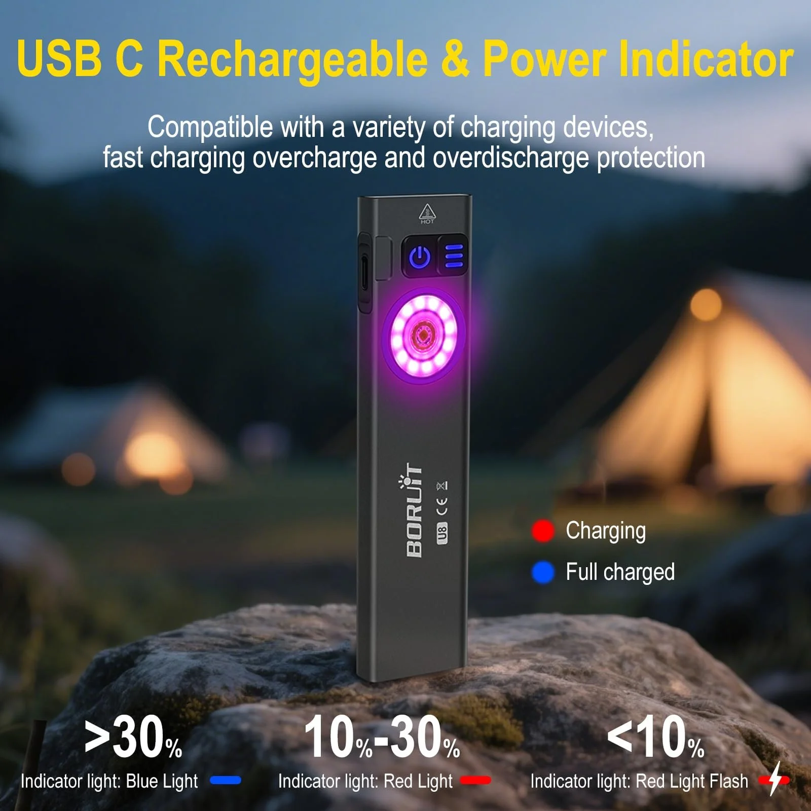 Ліхтар EDC BORUIT U8 LED Flat, 650 люмен, USB-C акумуляторний, з білим, жовтим та RGB світлом, IP67 водонепроникний, магнітна основа та кліпса, фото №6