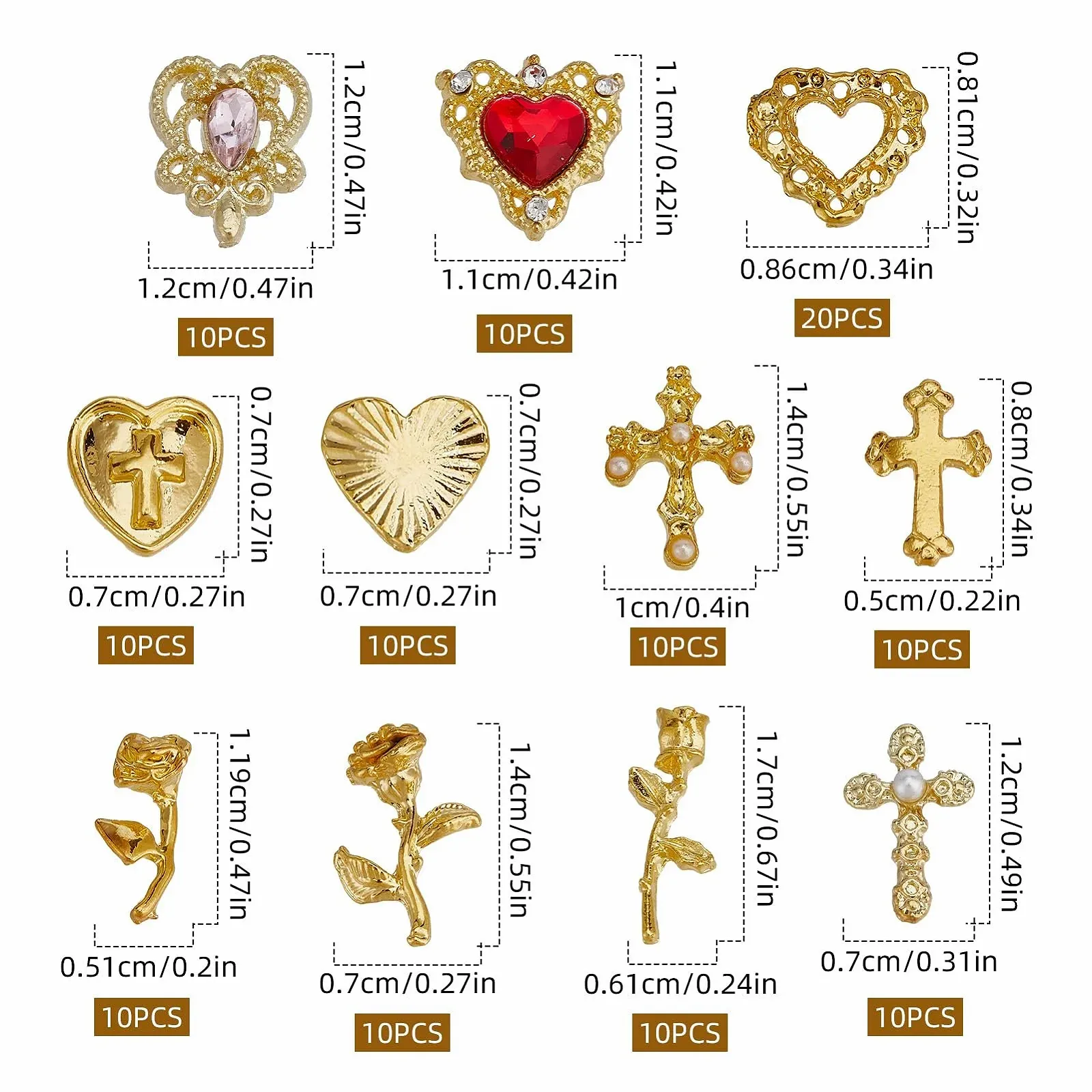 Украшения для ногтей NICENEEDED 120 шт, золотые крестики, розы, сердца, 3D украшения для ногтей, фото №2