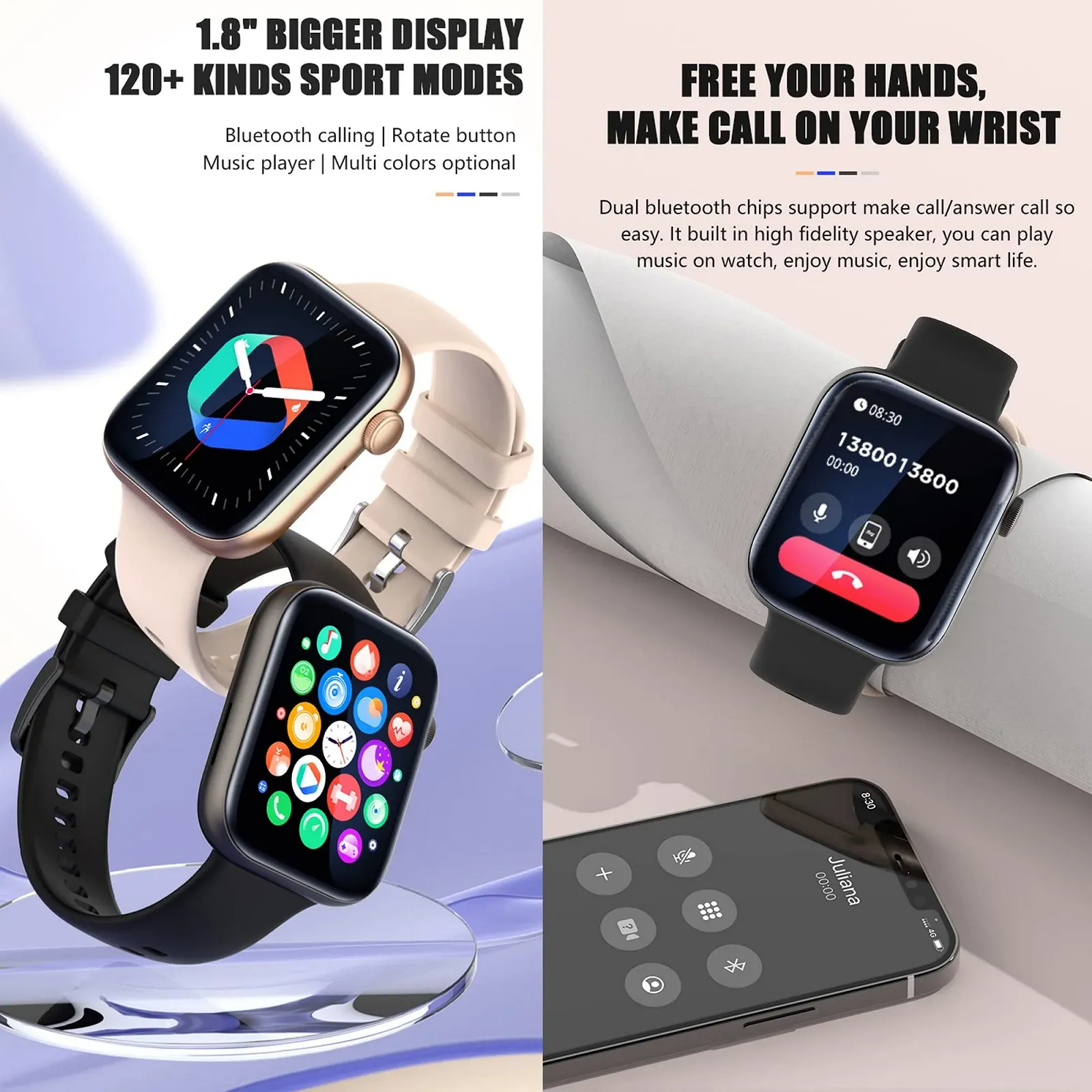 Смарт-годинник Жіночий 1,8 Inch HD Сенсорний екран Монітор серцевого ритму 123 Спортивні режими, фото №2