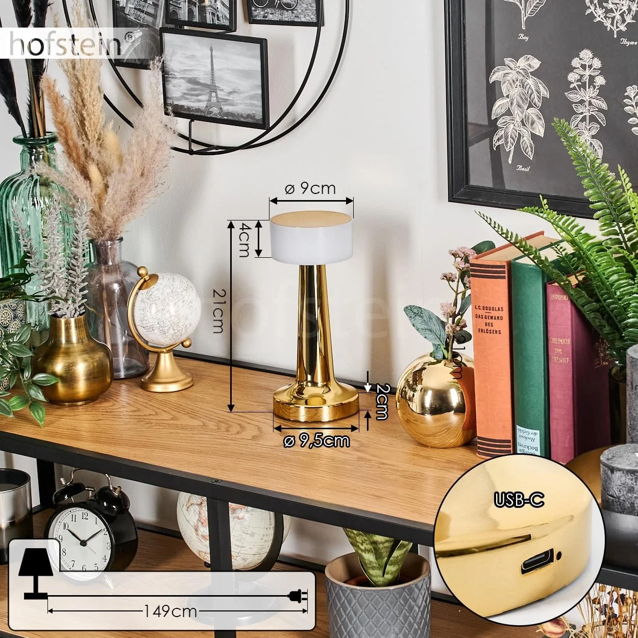 Настільна лампа Gallboda LED димована метал/пластик сенсорний димер USB-C акумулятор 1 Ват 100 Люмен 2700-6500 Кельвін латунний/білий, фото №5