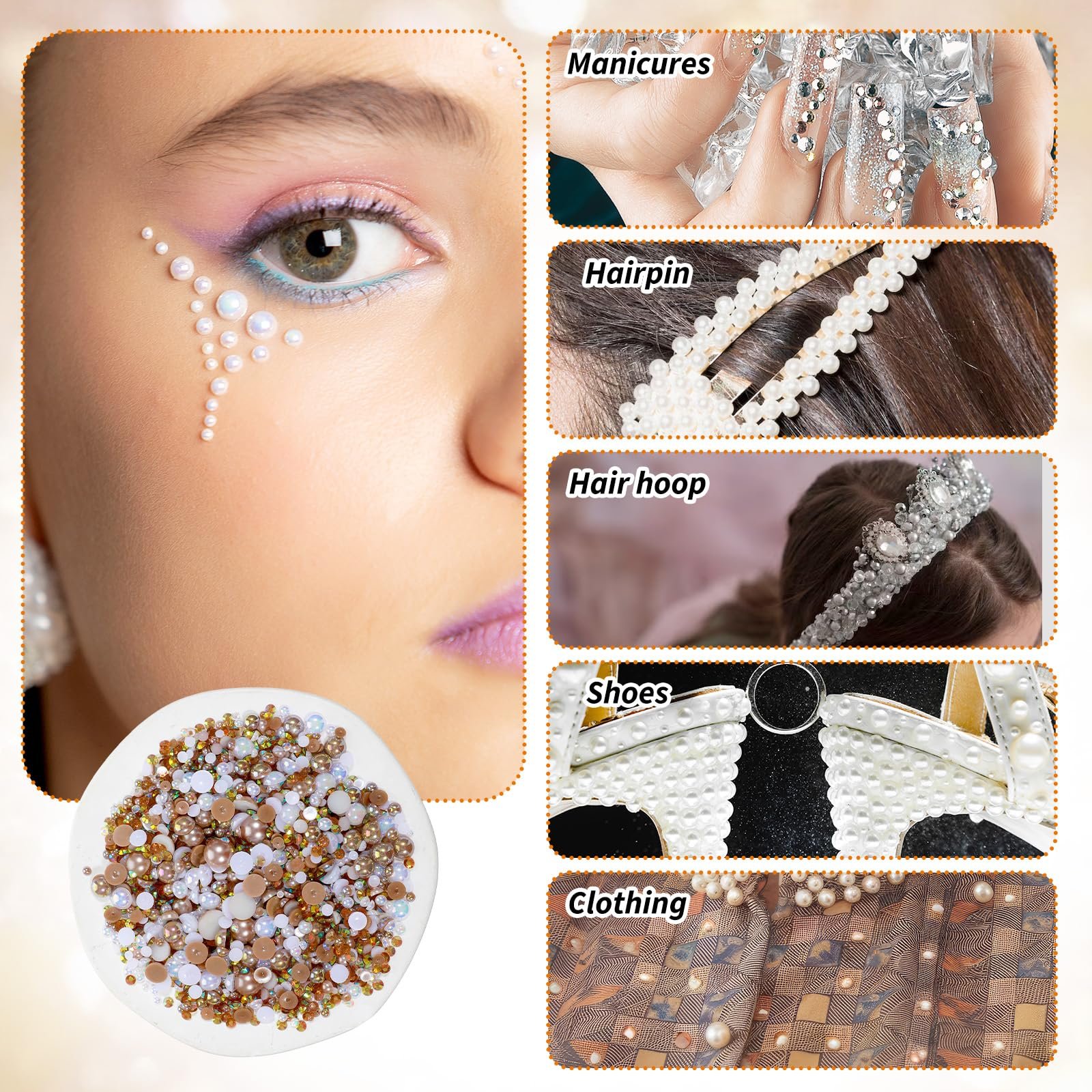 Напівкруглі намистини та блискучі камінці Mix 60 г, золотий шампань, фото №3