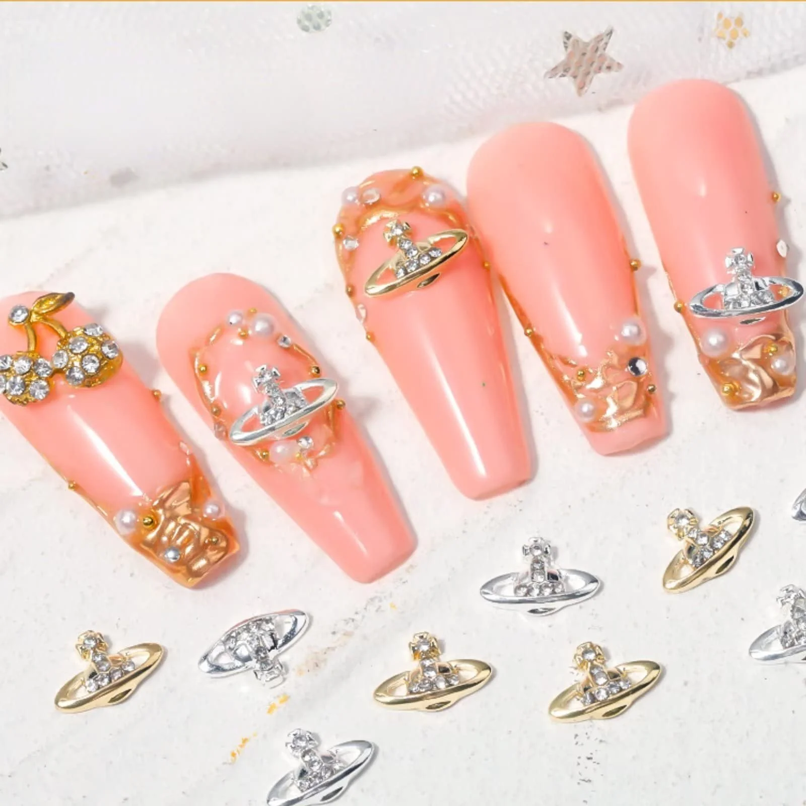 Прикраси для нігтів Планета RUNRAYAY 30шт, Золотий та Срібний, фото №3