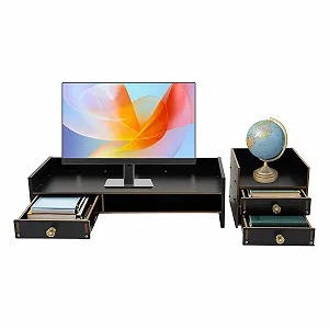 Подставка для монитора для компьютерного стола с 3 ящиками, черная, МДФ, регулируемая по высоте, органайзер для стола, экономия места для монитора до 5 кг, для дома и офиса (черная) - Фото 1