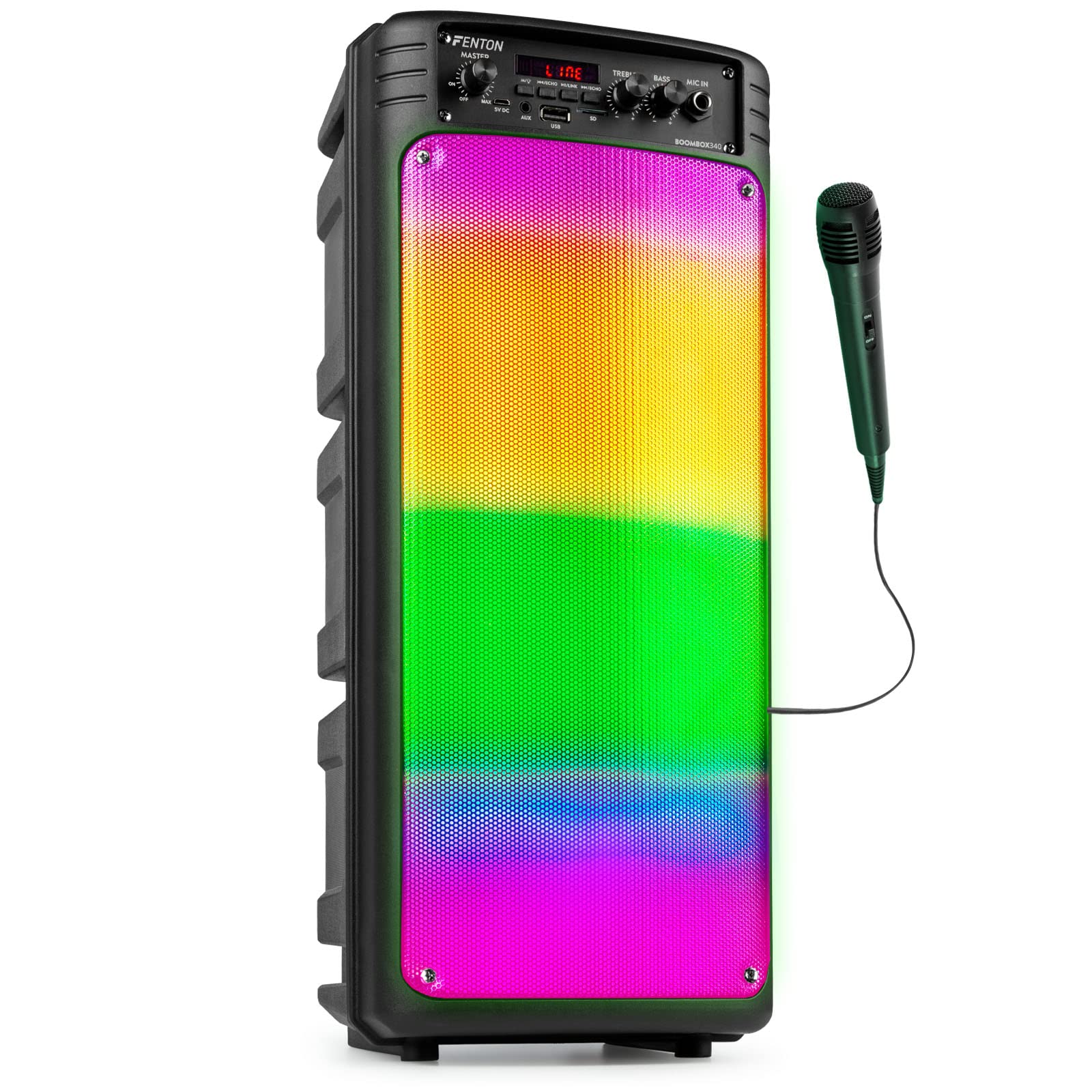 Акустична система Fenton Boombox340 Bluetooth Party з мікрофоном, акумулятором та LED-диско підсвіткою - 120W, фото №1