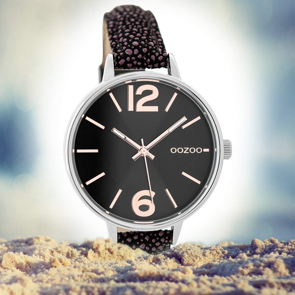 Женские часы Oozoo C9484 Кожаный ремешок 38 мм Черный, Серебристо-черный, розовое золото, фото №4