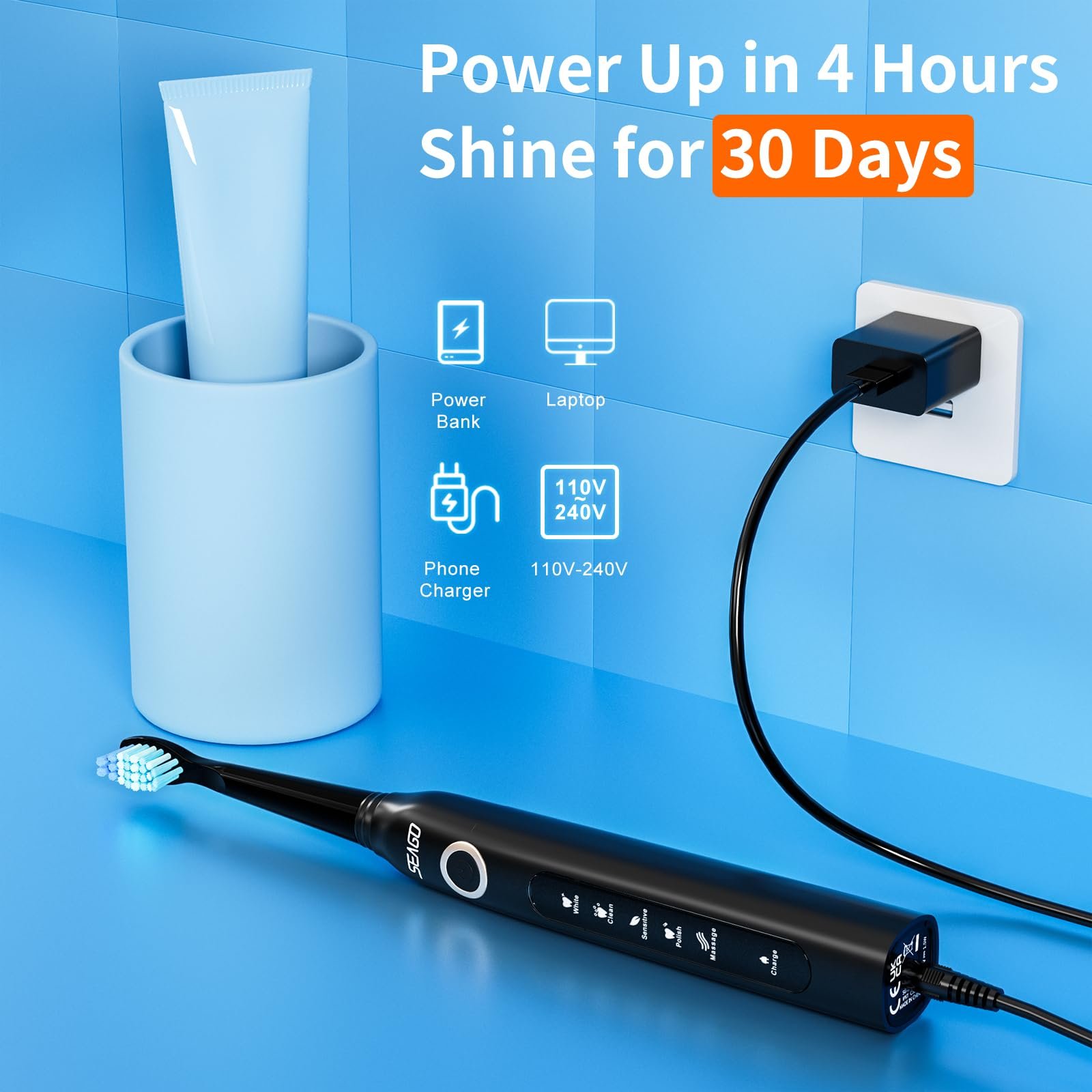 Електрична ультразвукова зубна щітка Seago 5 режимів Чорна, фото №4