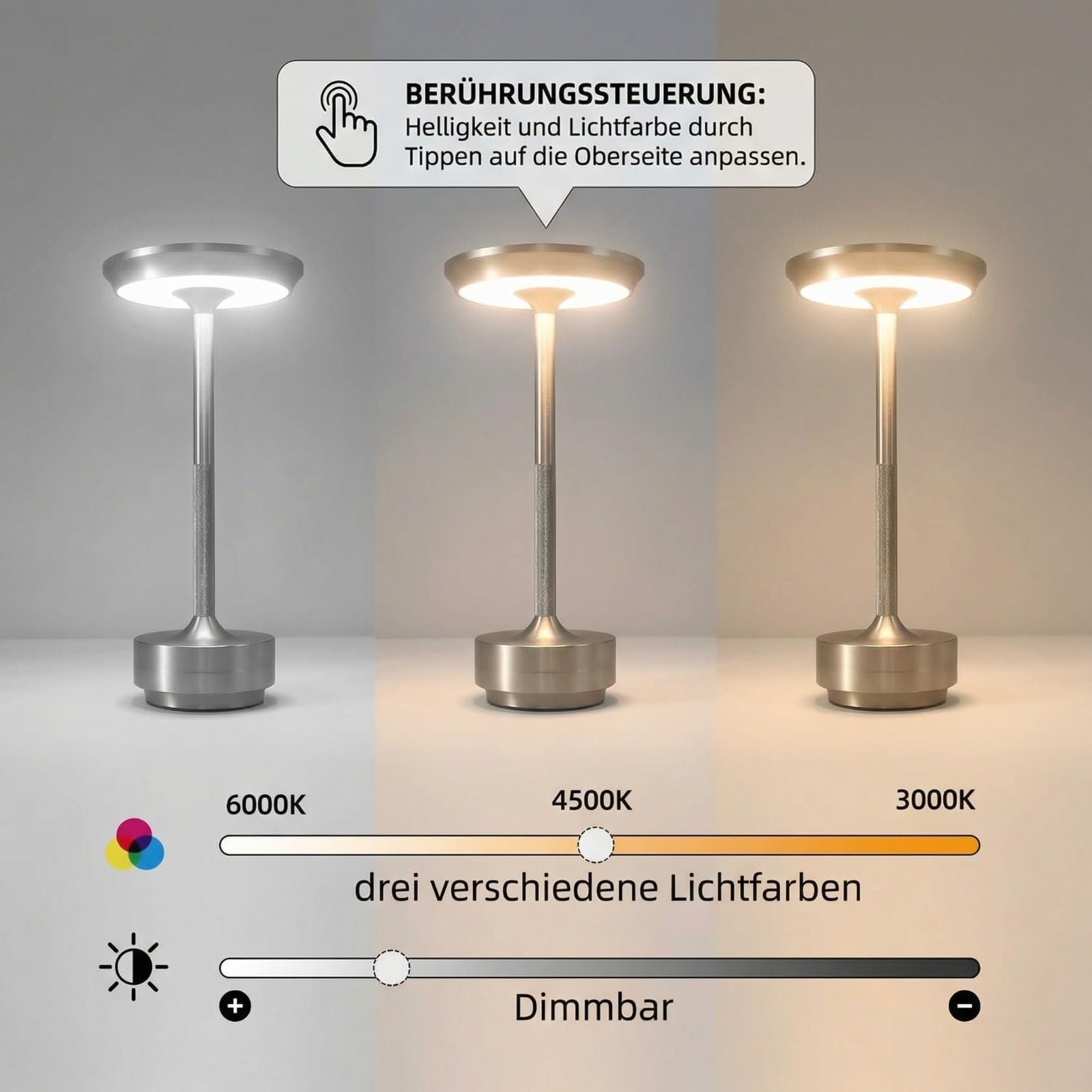 Настільна лампа LED бездротова з вбудованим акумулятором, сенсорна, димована, USB-C, чорна, фото №4