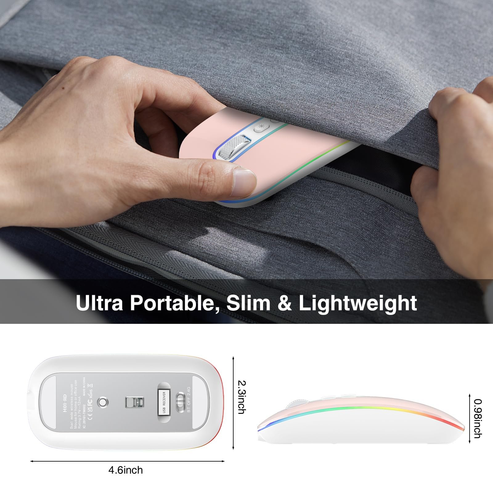 Миша Bluetooth Cimetech Бездротова (Bluetooth 5.1 + USB 2.4 GHz) LED Двухрежимная Перезаряжаемая Оптическая Офисная, фото №6