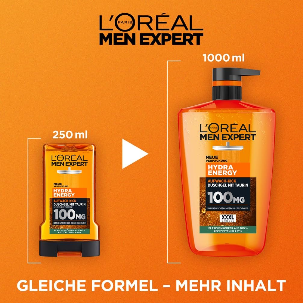 Гель для душу та шампунь L'Oréal Men Expert Hydra Energy XXXL з таурином 1000 мл, фото №3