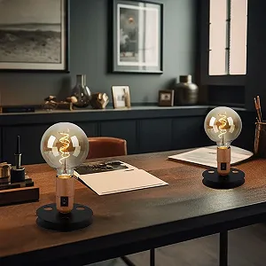 Настольная лампа GLOBO LIGHTING Vintage Bedside Lamp Industrial черное основание под дерево, металл, 1x E27, 12х9 см, набор из 2 шт. synthetic.ua - Фото 1