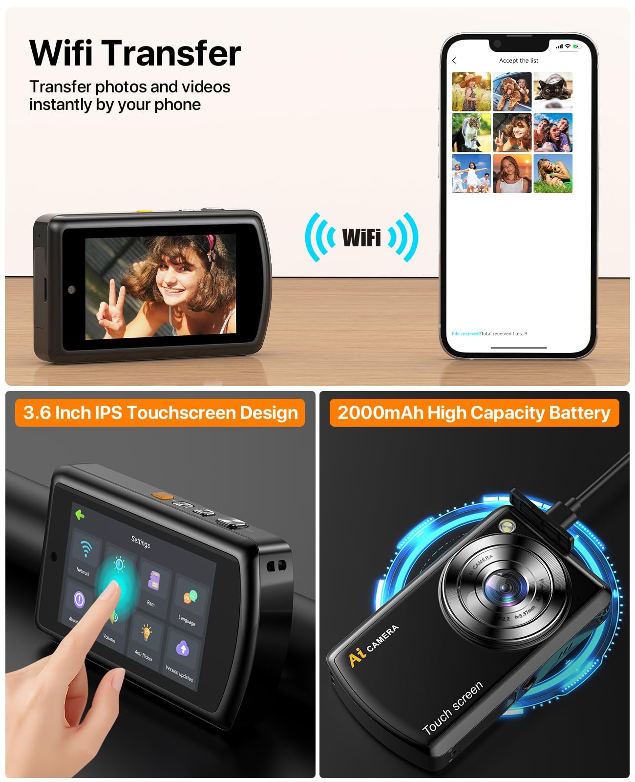 Цифровая камера AI Smart с WiFi, автофокусом, сенсорным IPS-экраном, SD-карта 32 ГБ для детей, подростков, взрослых, фото №4
