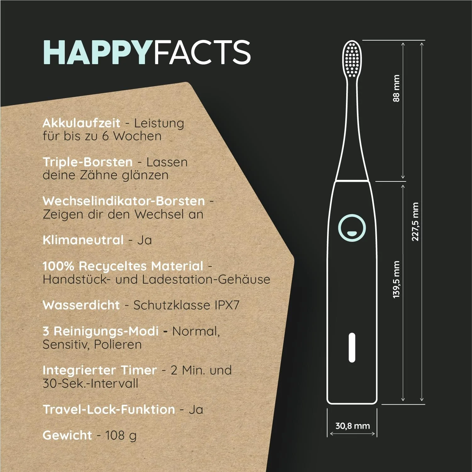 Звуковая зубная щетка happybrush Eco VIBE 3 Набор из 2 шт. Черный/Мята и Белый/Мята, фото №7