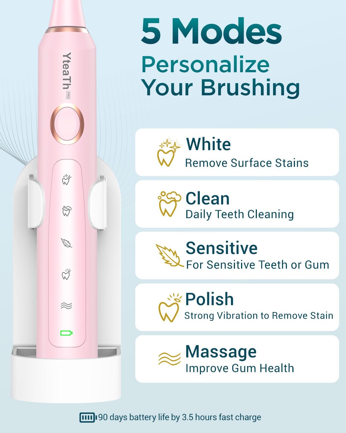 Электрическая зубная щетка YTEATH PRO Sonic, розовая. В комплекте 8 насадок., фото №3