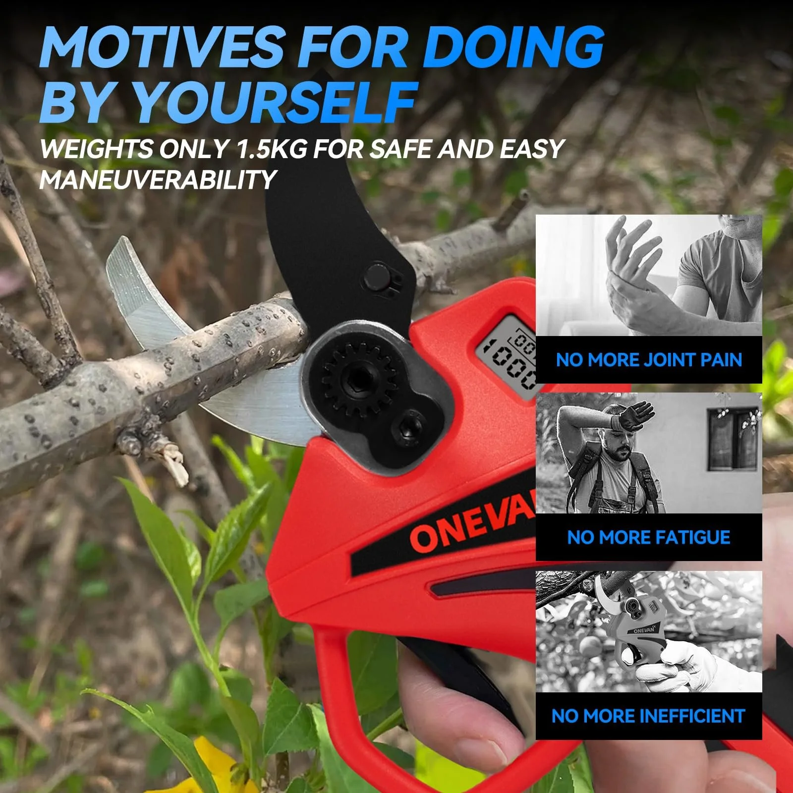 Секатор акумуляторний ONEVAN 800 Вт, діаметр різу 45 мм, з 2 акумуляторами 2.0Ah та LCD дисплеєм, фото №7