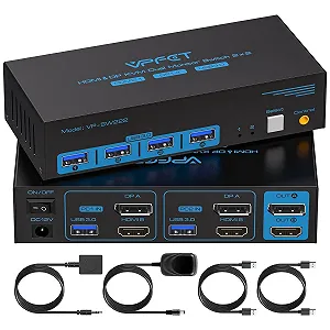 KVM-переключатель CMSTEDCD 8K 60Hz / 4K 120Hz для 2 ПК и 2 мониторов (DisplayPort + HDMI) / USB 3.0 Hub / с пультом ДУ / Черный - Фото 1