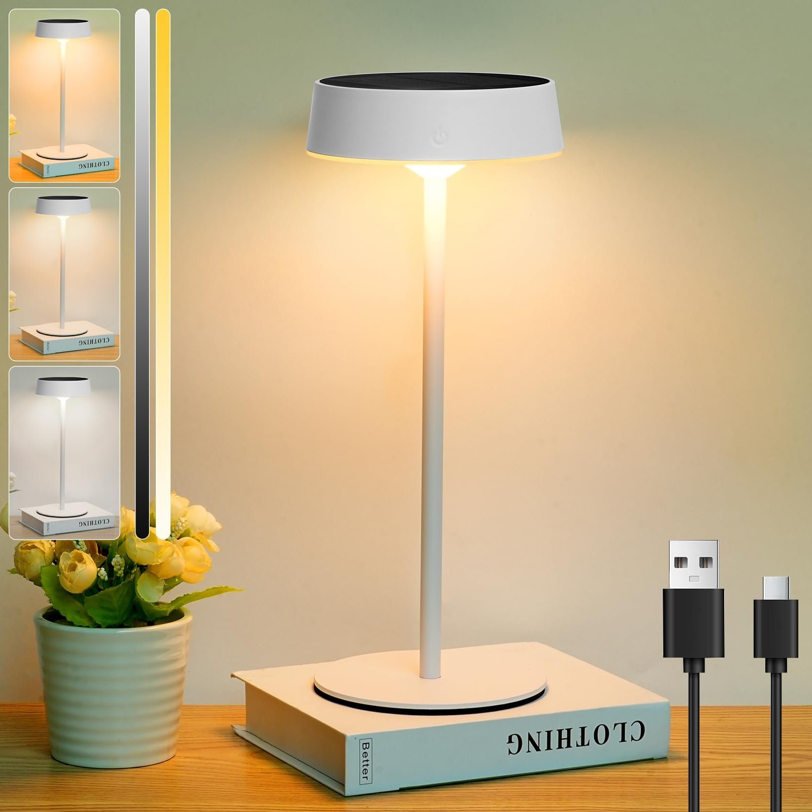 Настільна лампа HOTUT LED акумуляторна сонячна 4000 mAh IP65 3 режими Black/White, фото №1