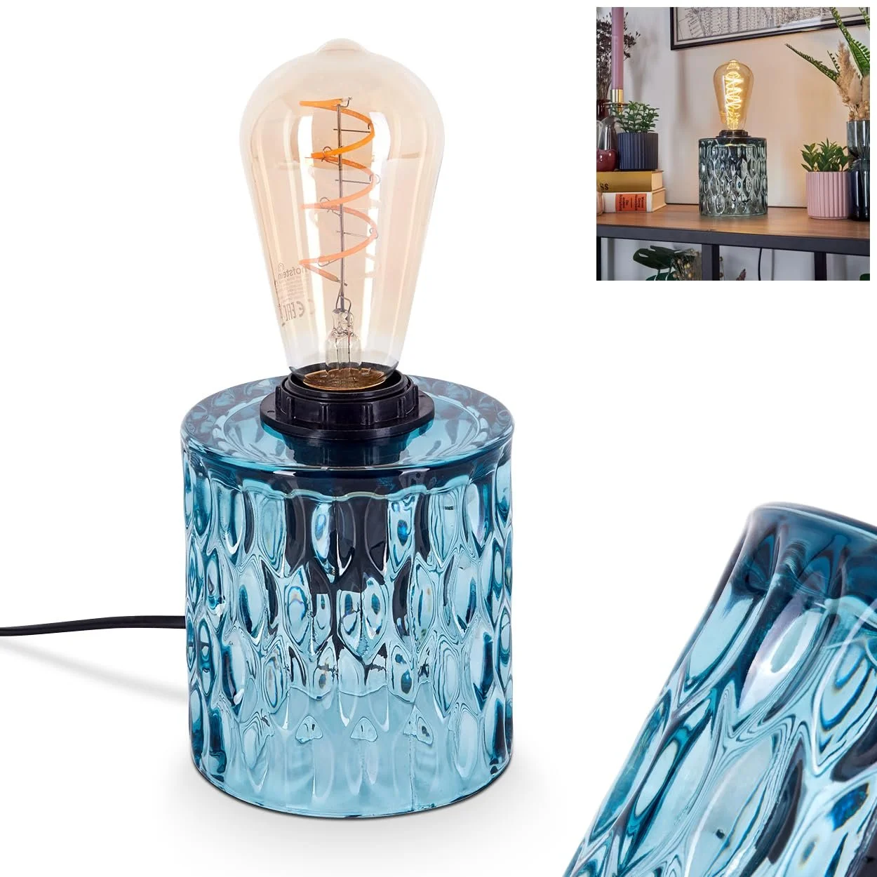 Настільна лампа Sonhim метал/скло Ø11 см 1 x E27 синя/чорна, фото №1