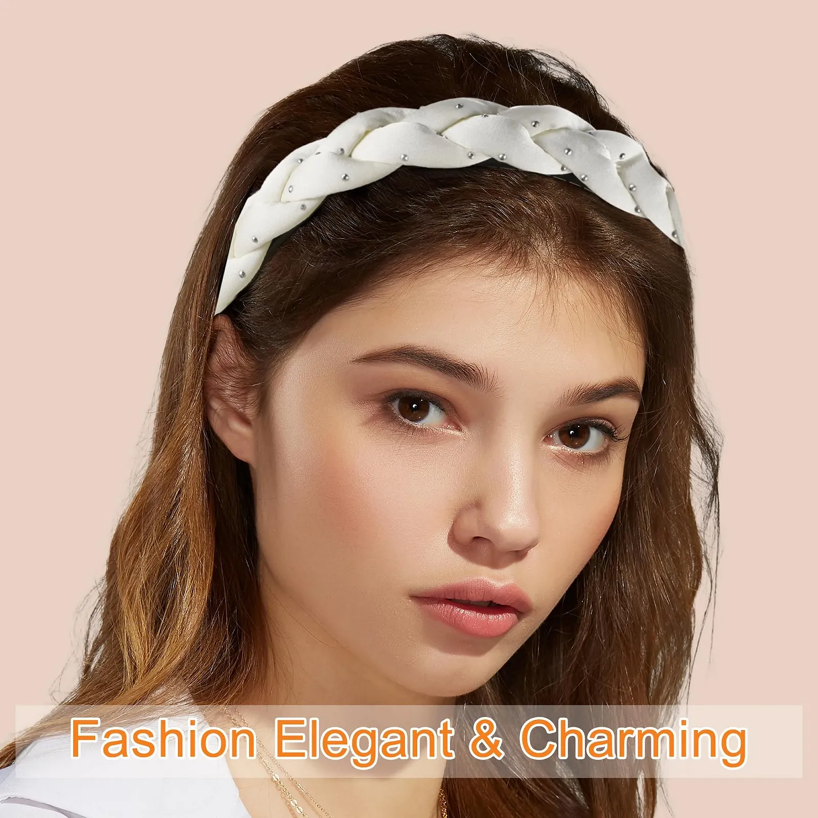 Обруч для волосся VOCOSTE Товстий плетений нековзкий модний бежевий, фото №3