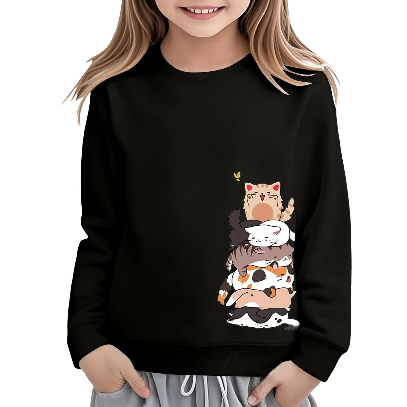 Пуловер для девочки, размер 140, с графическим принтом, мягкий флисовый свитшот с длинными рукавами для повседневных активностей, фото №1