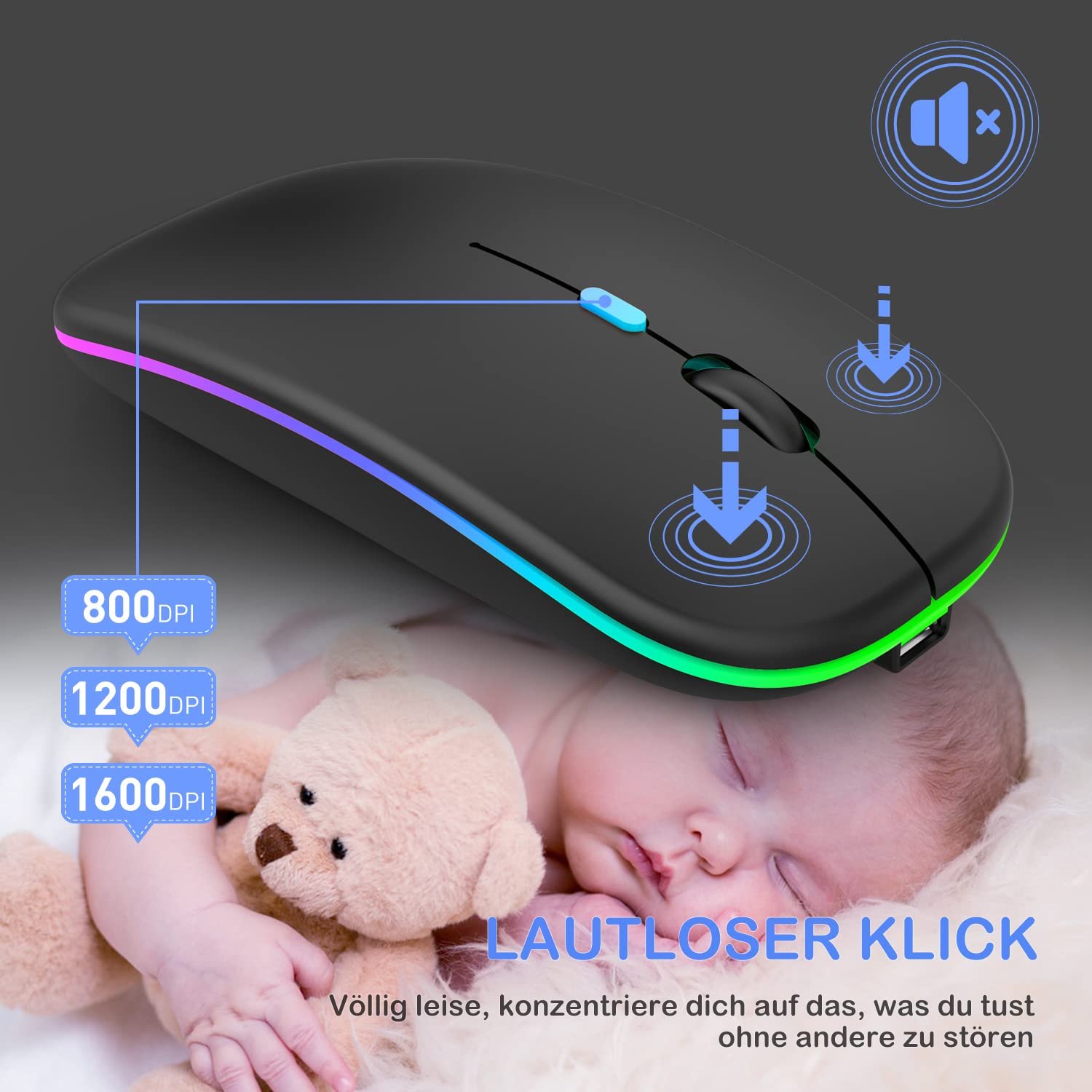 Мышь LEAPEST Беспроводная Bluetooth (Bluetooth 5.0 + USB 2.4 GHz) Перезаряжаемая Оптическая Офисная Черный, фото №4