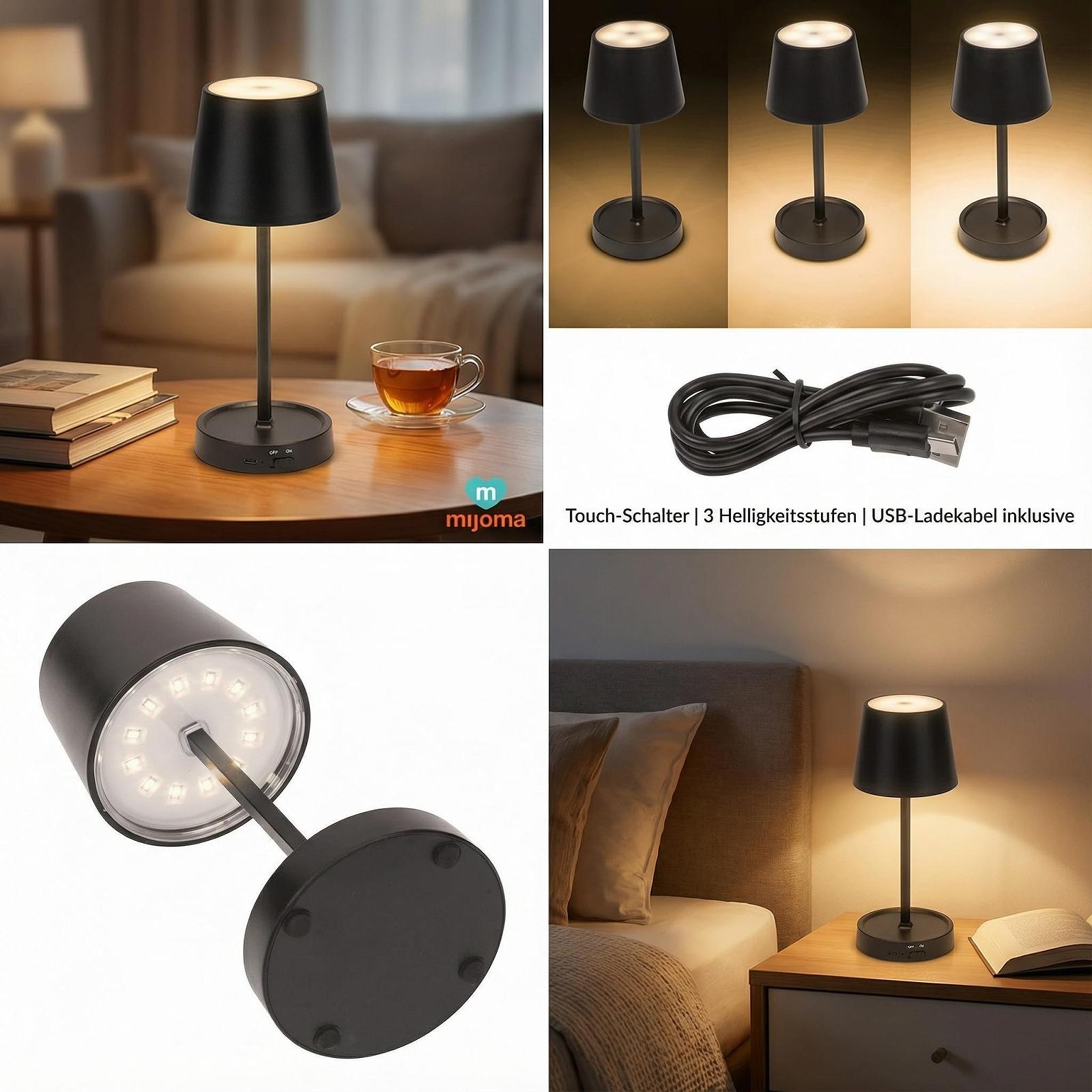 Настільна лампа LED акумуляторна бездротова сенсорна димована чорна пластик 26 см, фото №1