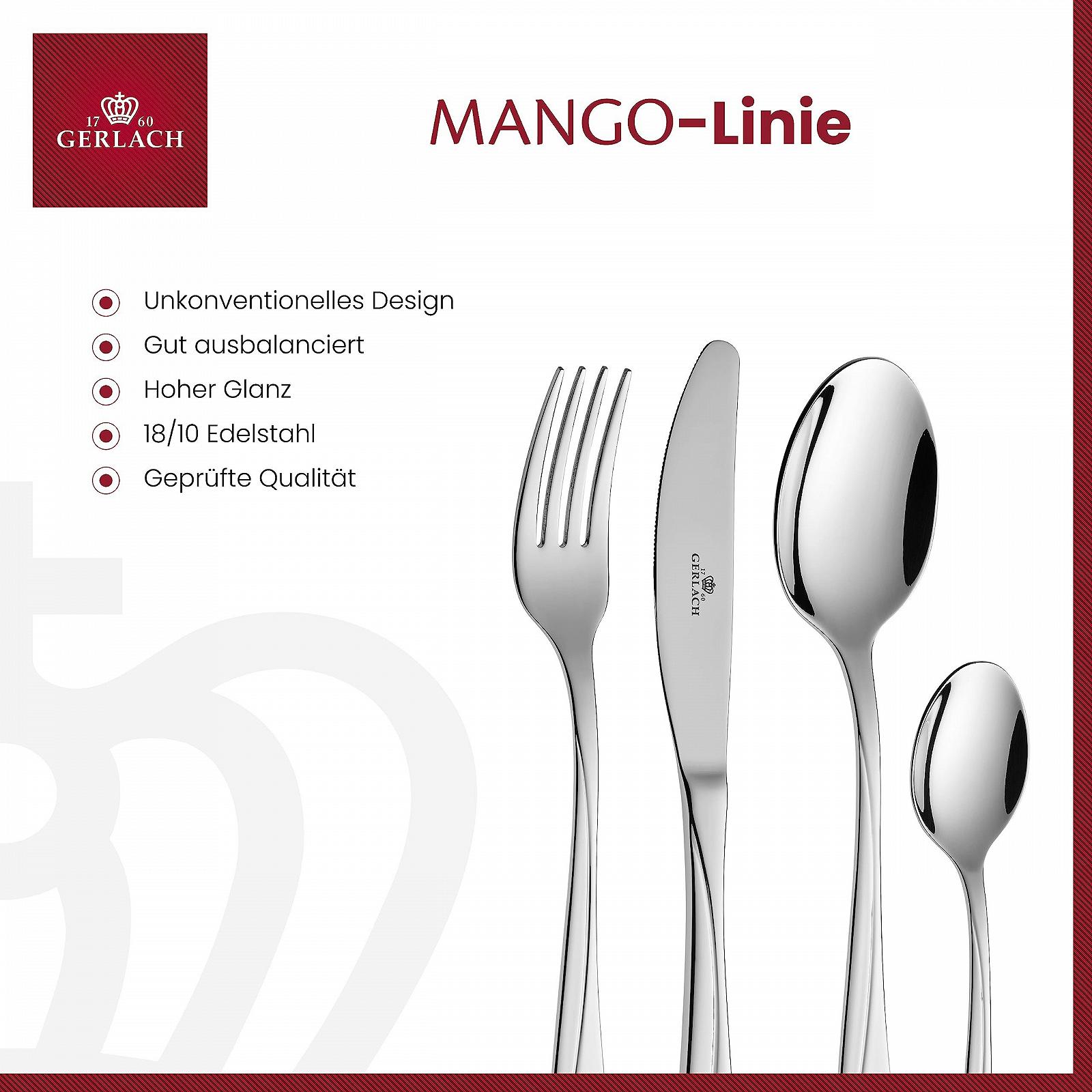 Набір столових приборів Gerlach Mango на 6 персон Ніж Вилка Ложка Чайна ложка Нержавіюча сталь Срібний, фото №2 Набір столових приборів Gerlach Mango на 6 персон Ніж Вилка Ложка Чайна ложка Нержавіюча сталь Срібний, фото №2