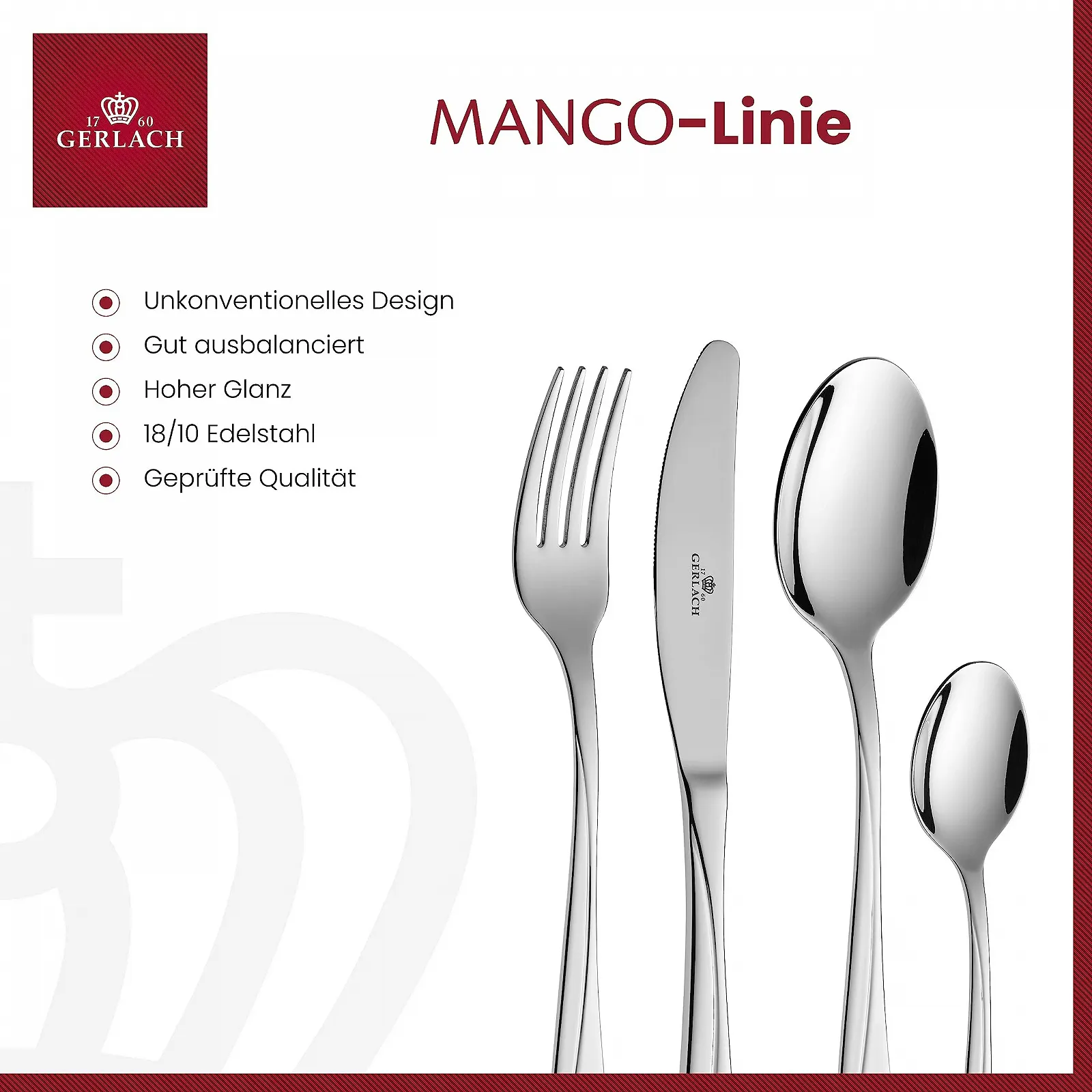 Набір столових приборів Gerlach Mango на 6 персон Ніж Вилка Ложка Чайна ложка Нержавіюча сталь Срібний, фото №2 Набір столових приборів Gerlach Mango на 6 персон Ніж Вилка Ложка Чайна ложка Нержавіюча сталь Срібний, фото №2
