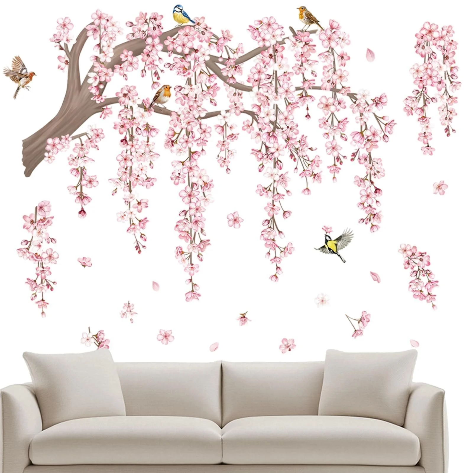 Наклейка на стіну Гілка квітучої сакури з птахами для дитячої спальні вітальні 30х90 см, фото №1