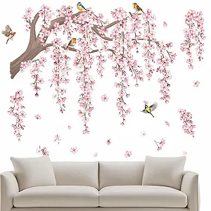 Наклейка на стіну Гілка квітучої сакури з птахами для дитячої спальні вітальні 30х90 см - Фото 1