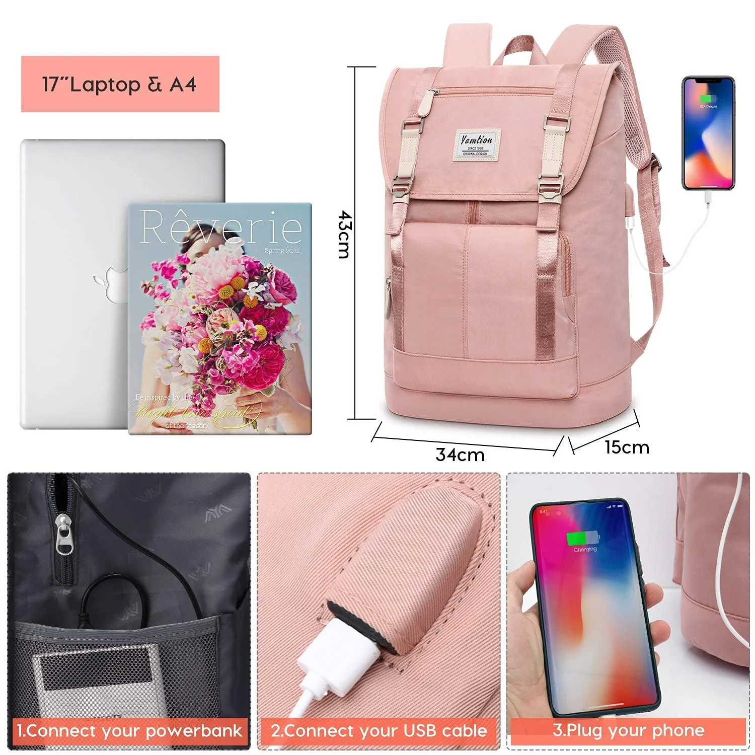 Рюкзак для ноутбука Yamtion 17 дюймів з USB Квітковий принт, фото №7 Рюкзак для ноутбука Yamtion 17 дюймів з USB Квітковий принт, фото №7
