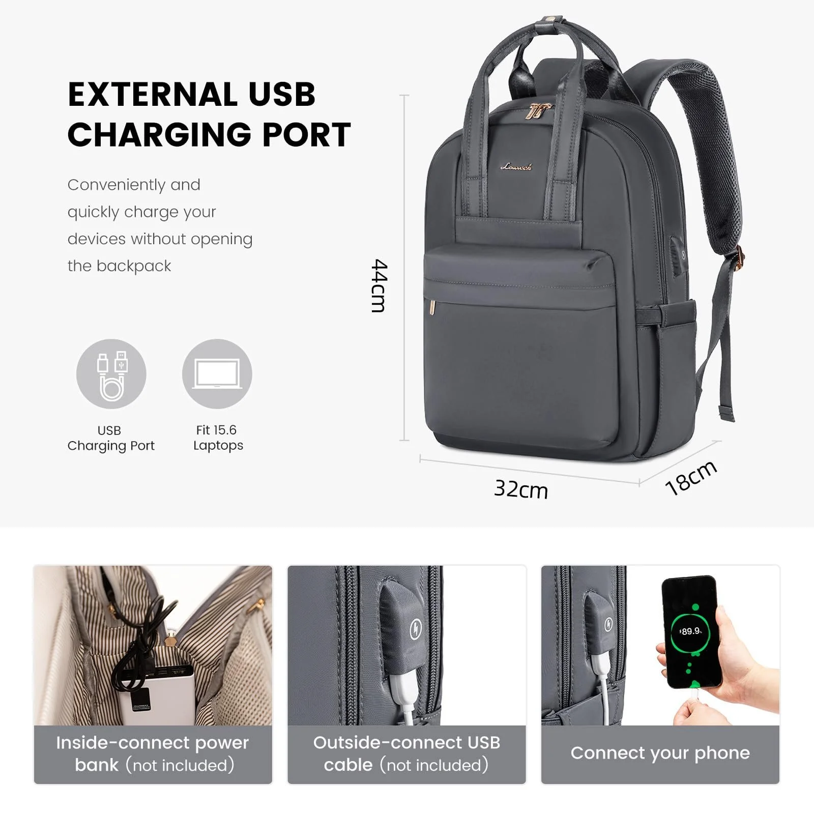 Рюкзак для ноутбука LOVEVOOK жіночий 15.6 дюйма з USB Темно-сірий, фото №4 Рюкзак для ноутбука LOVEVOOK жіночий 15.6 дюйма з USB Темно-сірий, фото №4