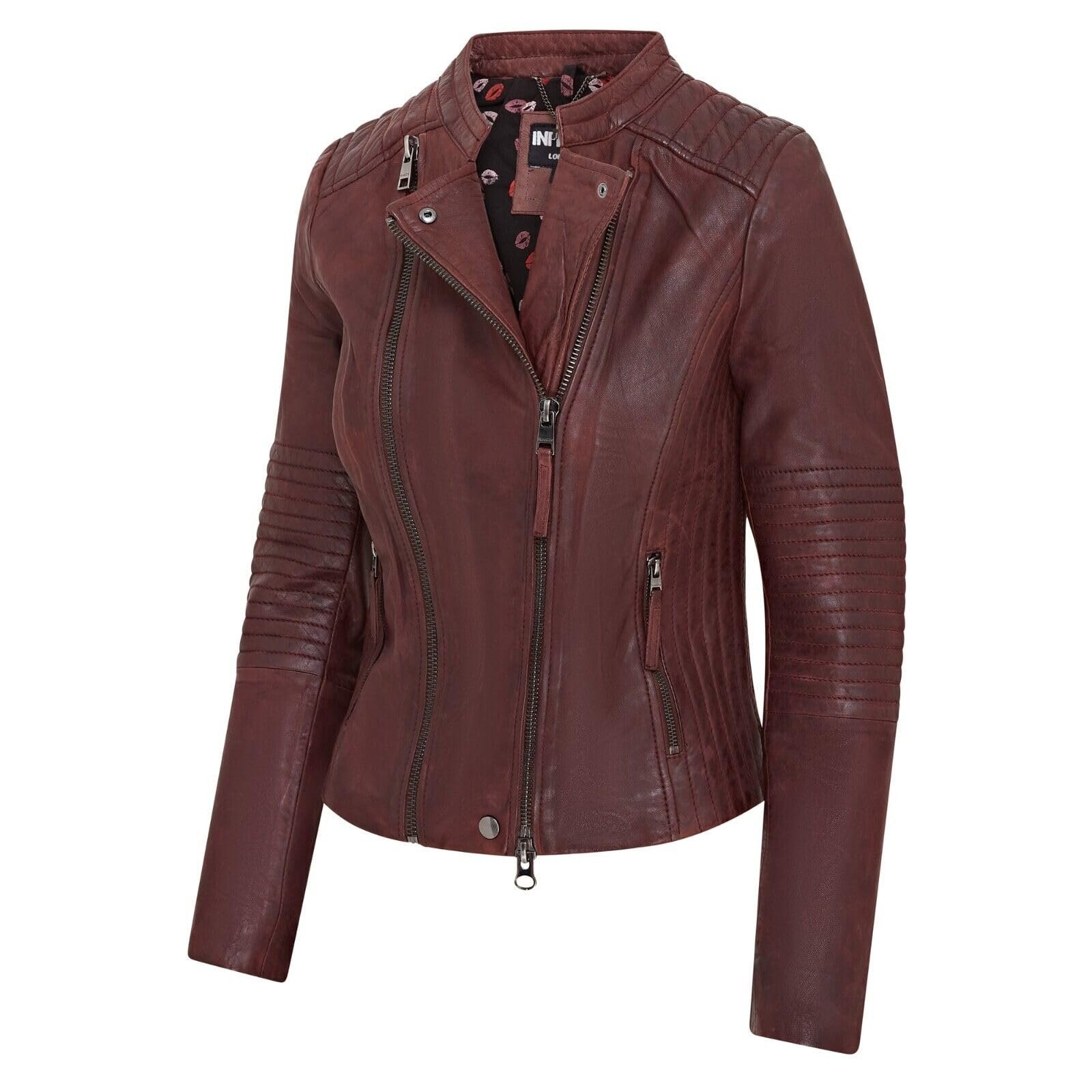 Кожаная Куртка Infinity Leather Классическая Мотоциклетная стеганая бордового цвета для женщин, фото №3