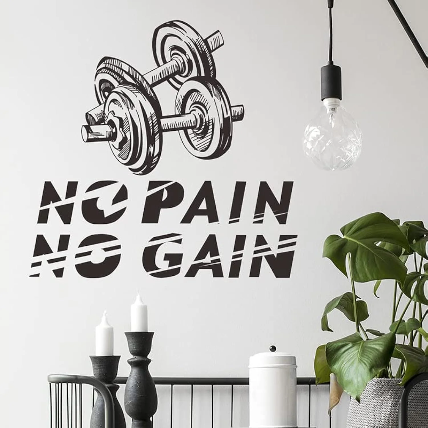 Наклейка на стіну No Pain No Gain Гантелі Чорна, фото №1