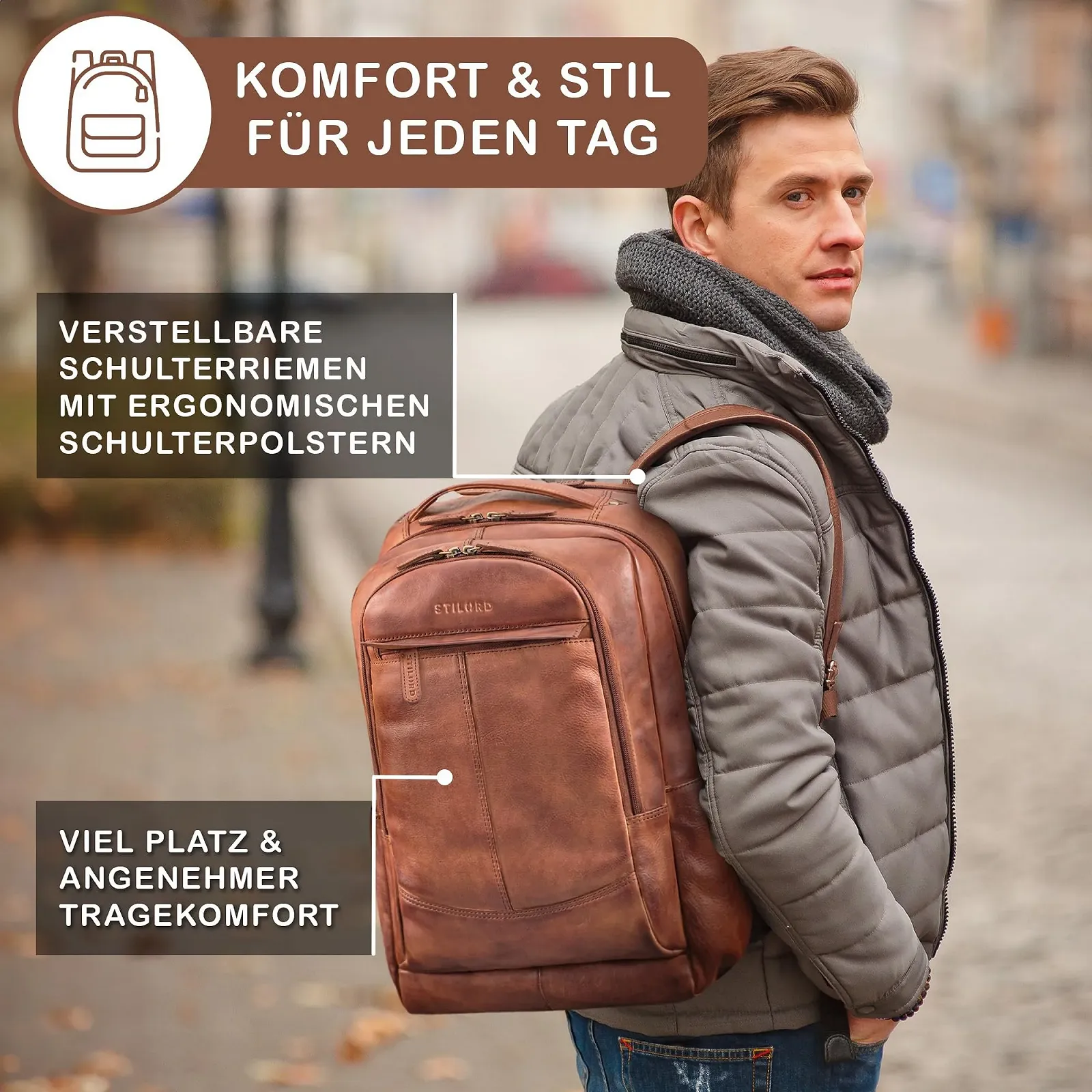 Бізнес-рюкзак STILORD Maxim Premium XL шкіряний 17-19 дюймів Black, Brandy - Cognac, фото №3