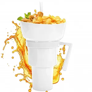 Стакан для напитков и снеков 2-в-1 многоразовый с чашей для снеков и соломинкой. Герметичный контейнер для еды для чипсов, конфет, десертов, попкорна, соков, молока - Фото 1