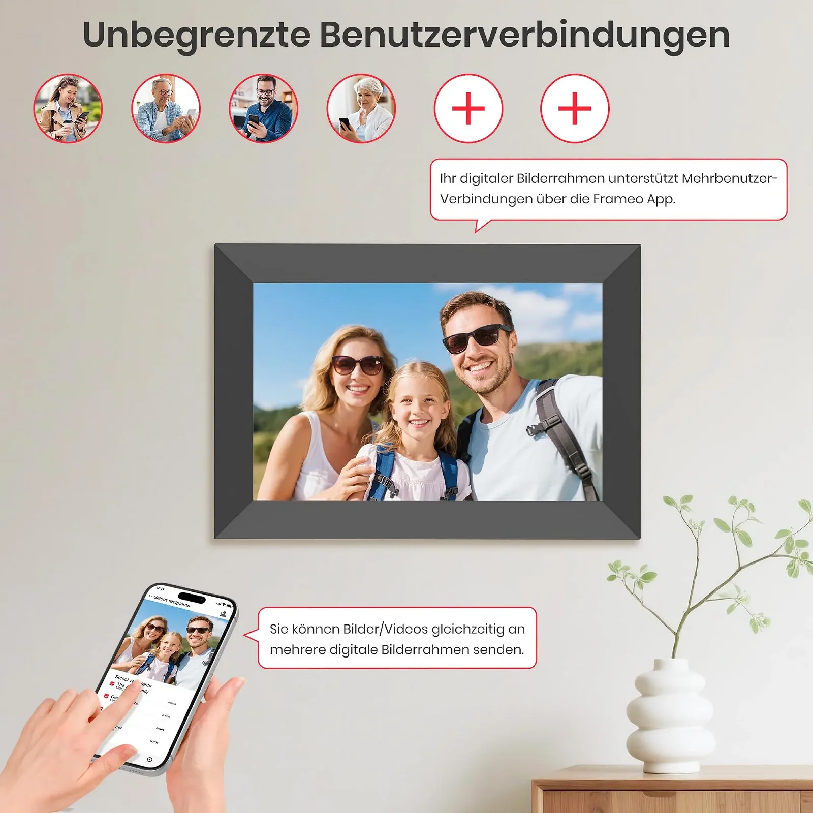 Цифровая фоторамка Frameo 10.1 дюйма WiFi 32 GB 1280 x 800 IPS сенсорный экран настенная с автоповоротом Black, фото №6