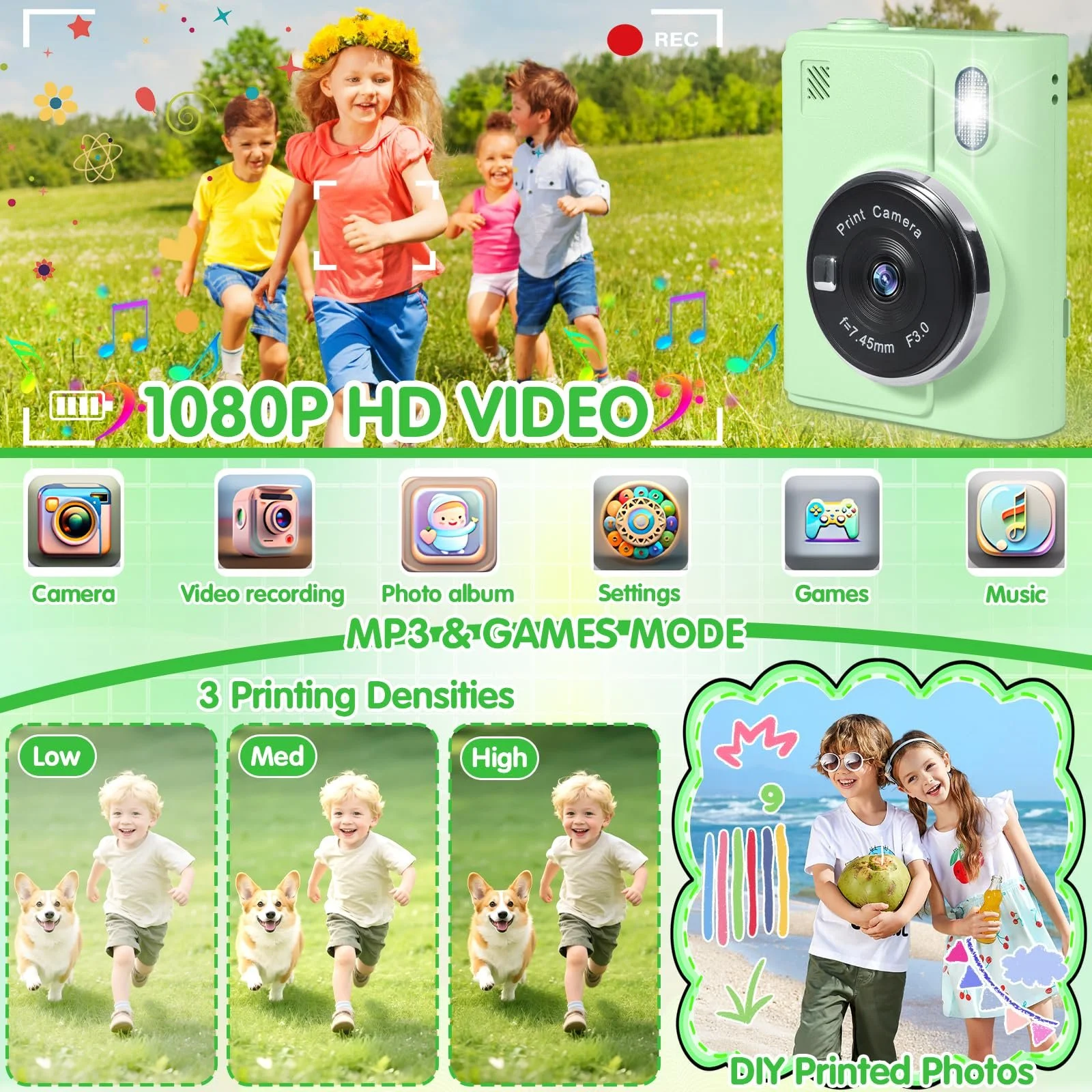 Детская фотокамера мгновенной печати 1080P HD 2.4 дюйма 32GB 6 рулонов бумаги, фото №4