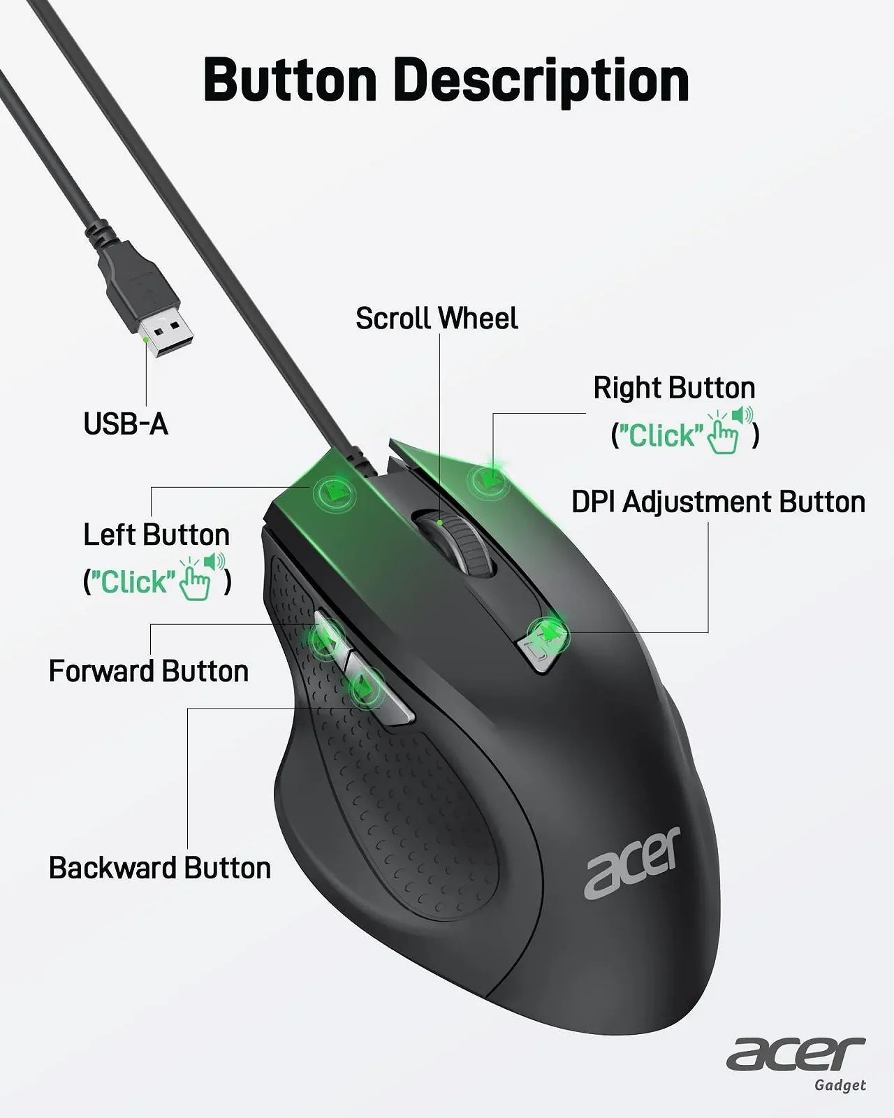 Мышь Acer проводная 3200 DPI, 6 кнопок, фото №4 Мышь Acer проводная 3200 DPI, 6 кнопок, фото №4