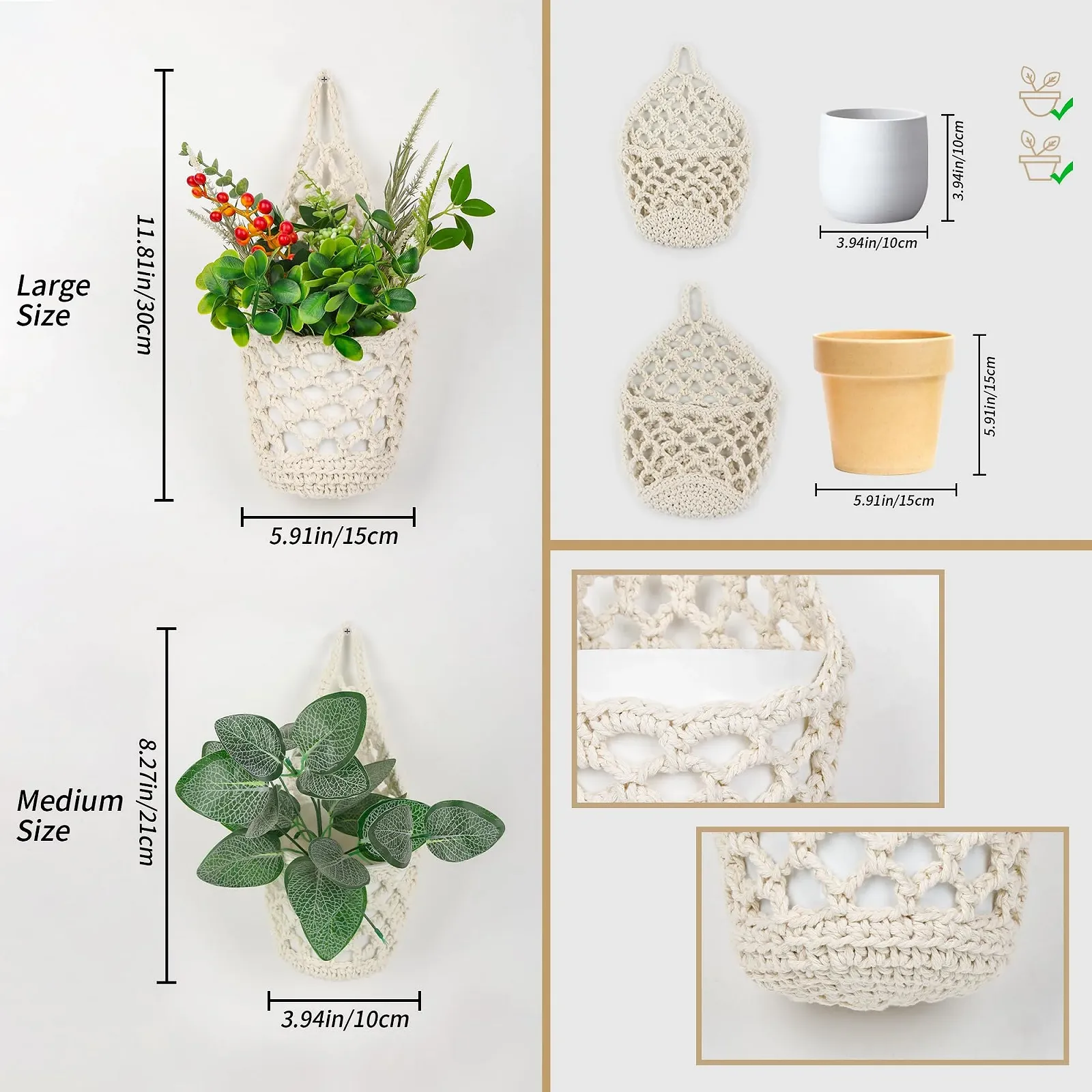 Підвісні кошики макраме 3 штуки Бежеві в стилі бохо, фото №2