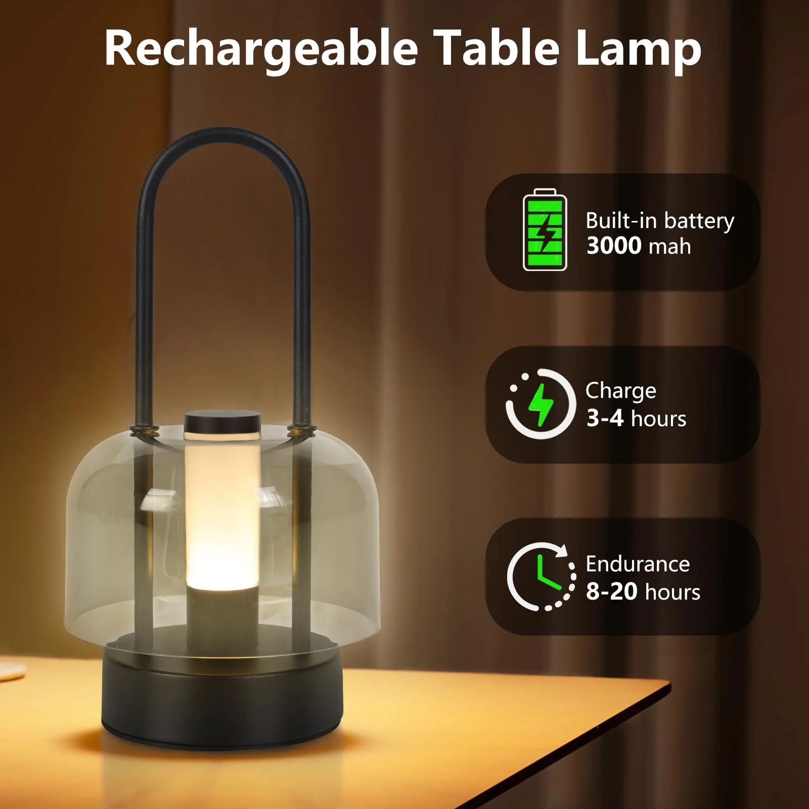 Настільна лампа LED бездротова на акумуляторі сенсорна димована USB Чорна, фото №2