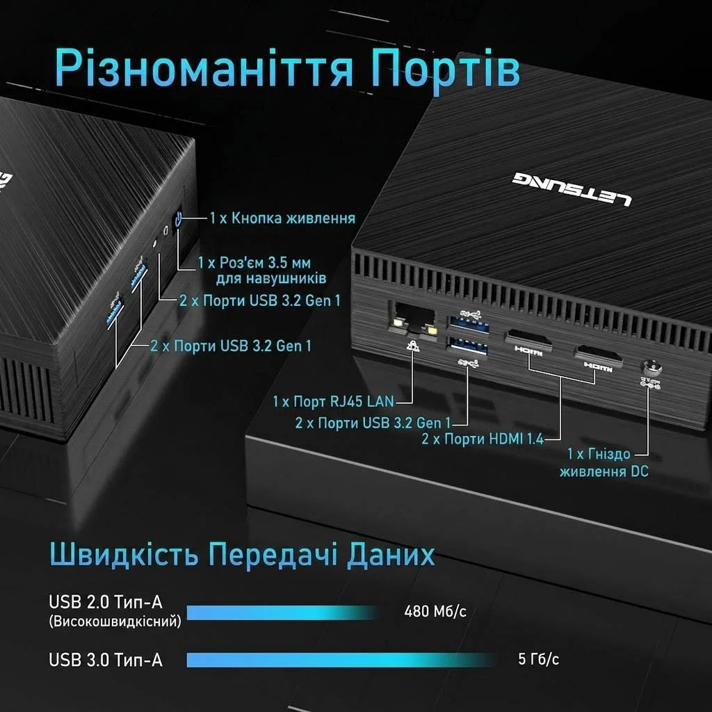 Міні ПК Letsung Golite 11 / Intel Celeron N4020C / RAM 6GB / SSD 128GB / 2 x HDMI / LAN / Wi-Fi 5 / Bluetooth 4.2 / Windows 11 / Чорний, фото №2 Міні ПК Letsung Golite 11 / Intel Celeron N4020C / RAM 6GB / SSD 128GB / 2 x HDMI / LAN / Wi-Fi 5 / Bluetooth 4.2 / Windows 11 / Чорний, фото №2