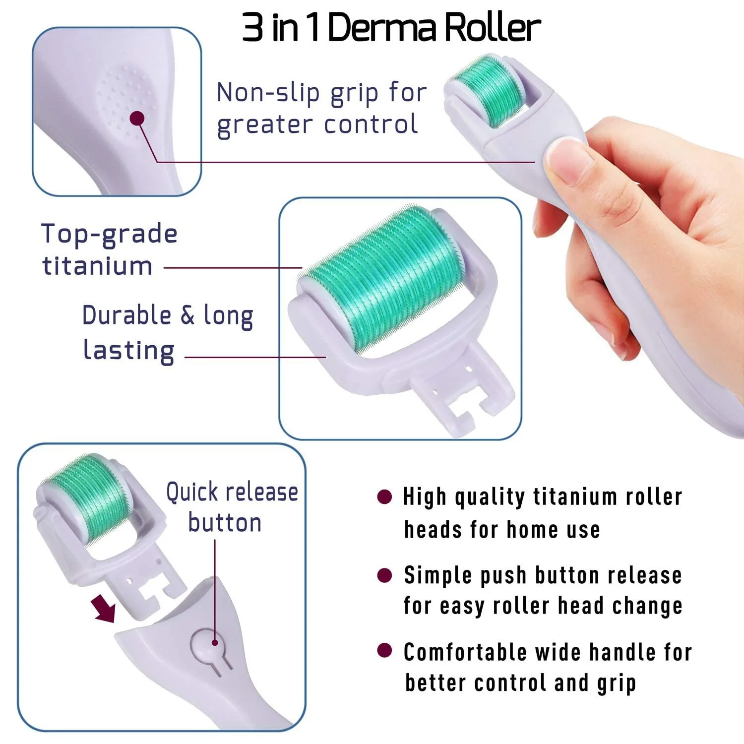 Ролер для мікронідлінгу BOWKA 3-в-1 для бороди - 600 (0.30 мм) 180 (0.25 мм) 1200 (0.50 мм) для обличчя та тіла, фото №5