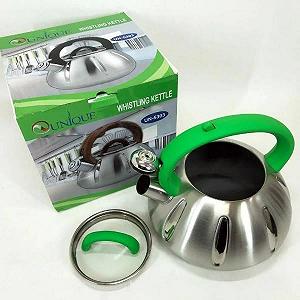 Чайник из нержавеющей стали со свистком 2,5л UNIQUE UN-5303 Зеленая ручка - Фото 1