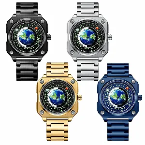 Мужские часы Кварцевые Аналоговые JewelryWe из нержавеющей стали, квадратные, 4 штуки, 30 м, с браслетом из нержавеющей стали, с круглым циферблатом с изображением Луны, Венеры, Земли и звездного неба, и прямоугольным циферблатом - Фото 1