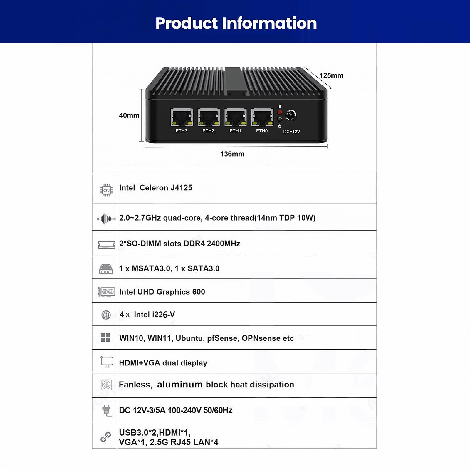 Мини ПК KingnovyPC Firewall Appliance Celeron J4125 Quad-Core 4 LAN I225-V 2.5GbE Nics, фото №4