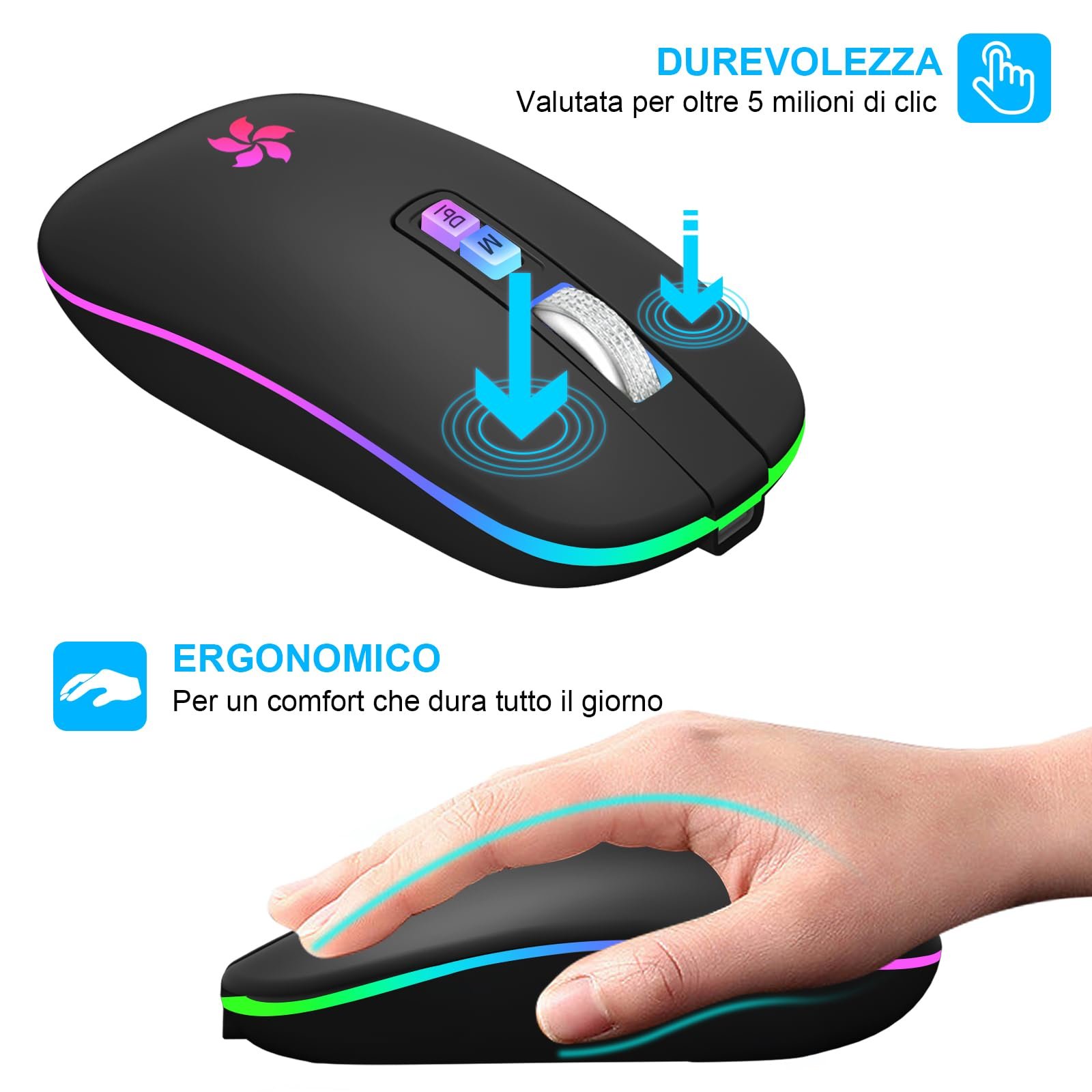 Мышь HOTLIFE Беспроводная для ноутбука, 3 DPI, RGB, Черный, фото №6